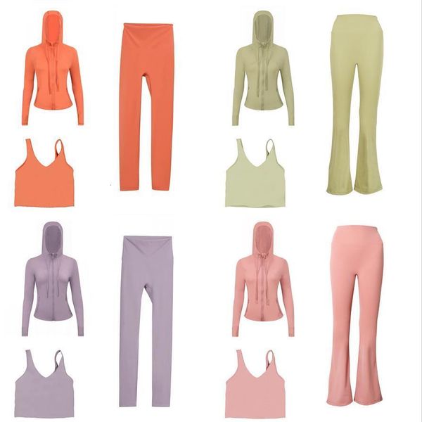 Designer Women Yoga Clothes 3 Piece Set with Long Sleeve Hooded Jacket Crop Top Vest and Bell Bottom Leggings Pants Comfortable Stretchy Gym Set Pilates Athleisure