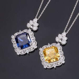 S925 Silver High-Carbon Diamond Royal Blue Square Pendant Necklace, 18x18mm Main Stone Luxury Design, Stylish and Elegant Women's Jewelry, Perfect for Any Occasion