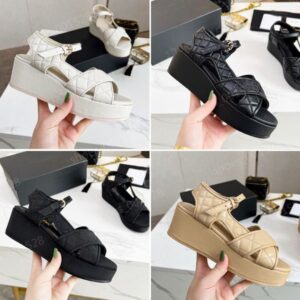 Calfskin Criss Cross Designer Sandals Women Quilted Sandles Slingback Shoes Platform Low Heel Wedge Diamond Buckle lambskin Sandal Slip On Ankle Strap Beach Shose