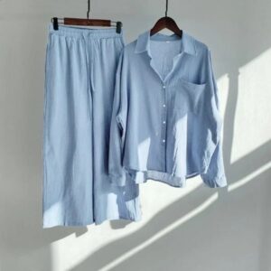Cotton Linen 2 Sets Long Sleeve Shirts Wide-leg Summer Women Two Piece Set Suits Full Length Pants for Women1212