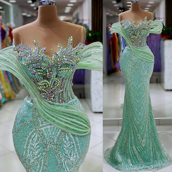 2024 Aso Ebi Mint Mermaid Prom Dress Beaded Crystals Sequined Lace Evening Formal Party Second Reception Birthday Engagement Gowns Dresses Robe De Soiree ZJ78