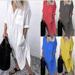 Linen Fashion Womens Boho Maxi Lady Party Evening Summer Beach Sundress Women V Neck Long Dress