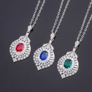 S925 Silver Faux Colored Gemstone Teardrop Pendant Necklace, 6x8mm Main Stone Luxury Fashion Design, Elegant Women's Jewelry, Perfect for Any Occasion