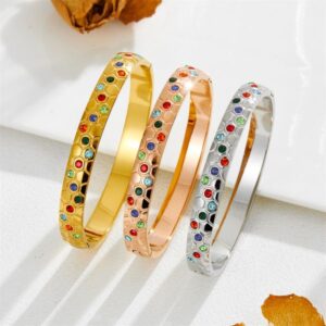 Wholesale 2025 New Arrival 3/5/10pcs Ins Fashion Stainless Steel Colorful Gemstones Cuff Bangle Bracelets Customized Titanium C Shape Hand Bangle Wristband Jewelry