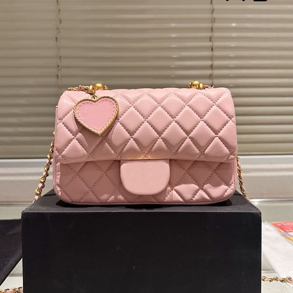 Women Designer Lovely Shoulder Bag with Love Heart Pendant Decoration Chain Handle Tote Gold Metal Hardware Lambskin Diamond Lattice Cross Body Coin Purse 17/20cm