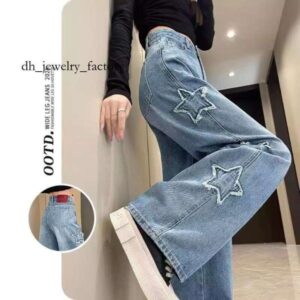 Designed Slimming Jeans for Women, Spring and Autumn Hot-Selling High-Waisted Frayed Edge Star Narrow Version Petite Straight Wide-Leg Pants 80b
