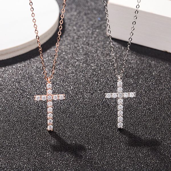 S925 pure silver trendy full-diamond necklace, featuring hip-hop and minimalist style cross-shaped collar chain, cool.