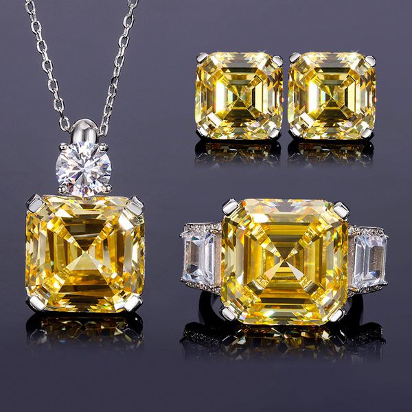 Luxurious S925 PureSilver Yellow Diamond Necklaces and Earings Collection Featuring Precision Crafted Ascher Shapes