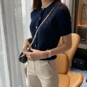 Women T-Shirt Designer Pony Embroidery Short Sleeve Cotton Knit Slim Fit Cardigan Style Daily Wear Breathable Tee