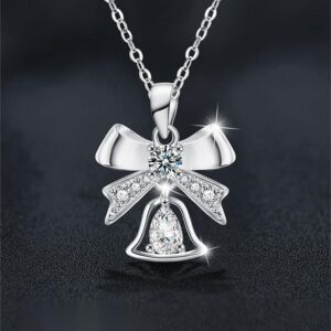 S925 Silver Moissanite Bell Pendant Necklace | Christmas Bow Design | Minimalist Collarbone Chain Jewelry for Women Winter Gift