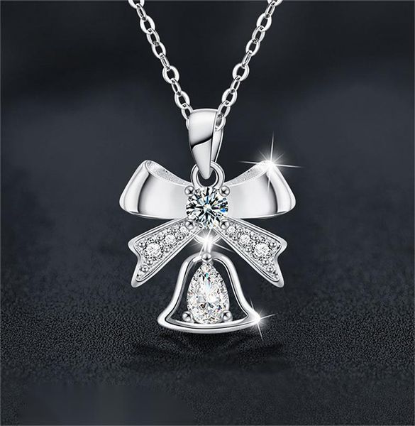 S925 Silver Moissanite Bell Pendant Necklace | Christmas Bow Design | Minimalist Collarbone Chain Jewelry for Women Winter Gift