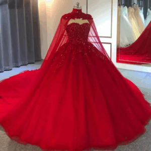 Red Puffy Ball Gown Wedding Dresses Long Cape Sold Separately Red Tulle Beaded Lace Party Dress Cinderella Gowns Vestido De Novia