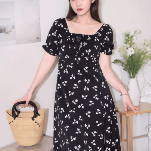 Plus size, French retro bubble sleeve floral dress with feminine temperament, waist cinching and slimming mid length style 3415