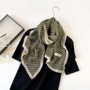 New trendy Korean-style cotton-linen crepe scarf for women with printed design and double-layer cotton-linen decorative border, suitable as a shawl or headscarf.