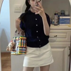 Women T-Shirt Designer Pony Style Slim Fit Knit Top Short Sleeve Cardigan Button Accent Cotton Casual Comfort