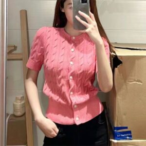 Women T-Shirt Pony Designer Knit Slim Fit Cardigan Tee Short Sleeve Soft Cotton Button Style for Daily Outfit