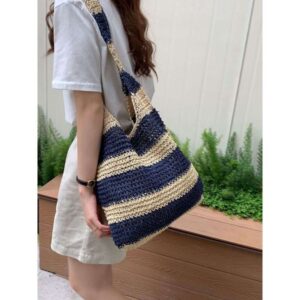 striped single shoulder hand bag large capacity seaside beach vacation woven bag