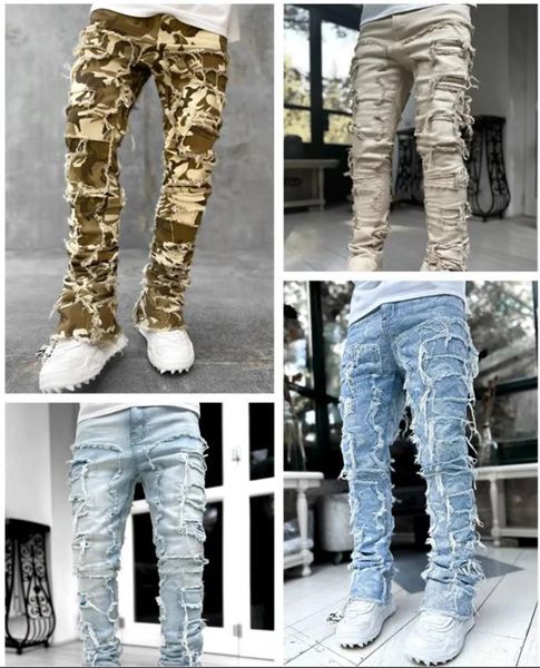 designer jeans Mens Jeans Regular Fit Stacked Patch Distressed Destroyed Straight Denim Pants Streetwear Clothes Casual Jean