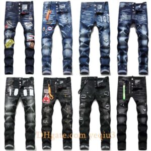 Mens Jeans men jean Hip hop pants street trend Zipper chain decoration ripped Rips Stretch Black Fashion Slim Fit Washed Motocycle Denim Panelled Trousers Christmas