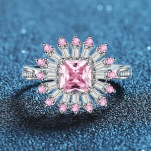 S925 Sterling Silver Princess Cut Pink Ring for Women with Sunburst Cluster Design, Korean Elegant Jewelry for Engagement or Cocktail Party