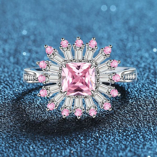 S925 Sterling Silver Princess Cut Pink Ring for Women with Sunburst Cluster Design, Korean Elegant Jewelry for Engagement or Cocktail Party
