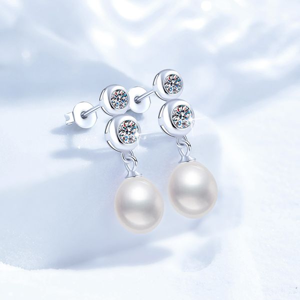 Cross-Border Moissanite Stud Earrings, S925 Sterling Silver Earrings, Women's Freshwater Pearl Studs, French Style Versatile Fashion Earrings