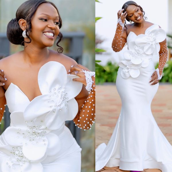 2024 Arabic Aso Ebi Plus Size White Mermaid Wedding Dresses Crystals Pearls Flowers Full Sleeves Bridal Gowns Dress ZJ026