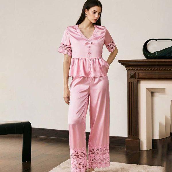 2025 New Women's Spring/Summer Silk Color Lace Short Sleeve Long Pants Nightwear Set Homewear