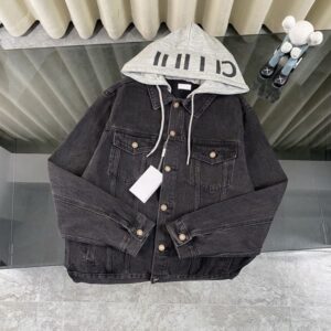 Mens Designer Fake two denim distressed washed jacket hooded top