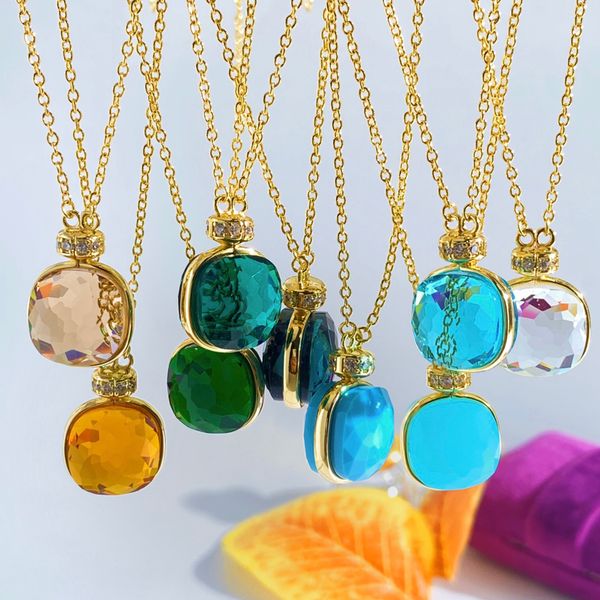 Elegant Candy Color Crystal Pendant Necklace Gold Plated Brass with Double-Sided Faceted Design Clear Artificial Gemstones 43cm+2.4cm Extension