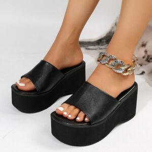 Shoes Designer Rimocy Chunky Platform Sandals Women Fashion Black PU Leather Wedge Slippers For Woman 2023 Summer Thick Bottom Slides Plus Size