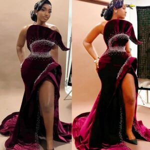 Burgundy Mermaid Prom Dresses 2025 Beaded Velvet High Split Stylish Evening Formal Party Second Birthday Engagement Gowns Plus Size Dress For Special Occasions