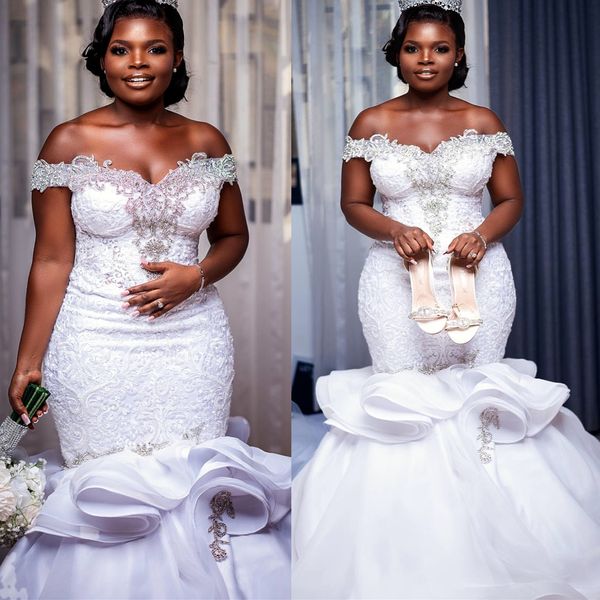 2024 Arabic Aso Ebi Plus Size Ivory Mermaid Wedding Dresses Lacefull Beaded Sweetheart Vintage Bridal Gowns Dress ZJ022