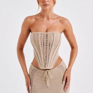 sexy trendy backless, strapless top coat, hip-hing long dress, and knitted set