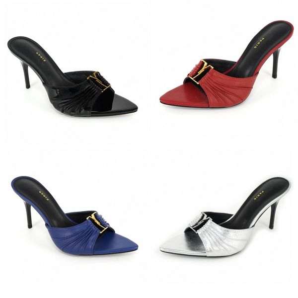 Slippers women's sexy high heels metal letter designer shoes summer luxury party shoes stiletto heel sandals open toe fashion shoes classic genuine leather shoes