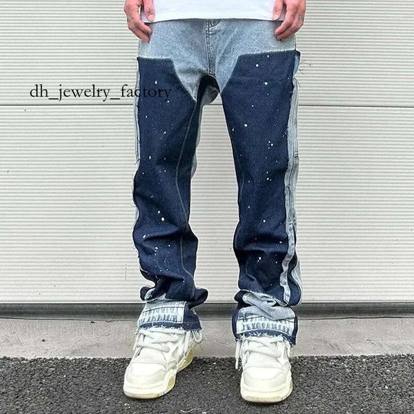 Men's Jeans European Ink Sprayed Flared For Men Contrast Color Looen Fit Streetwear Denim Clothes Open Hem Male's Baggy Pants b63