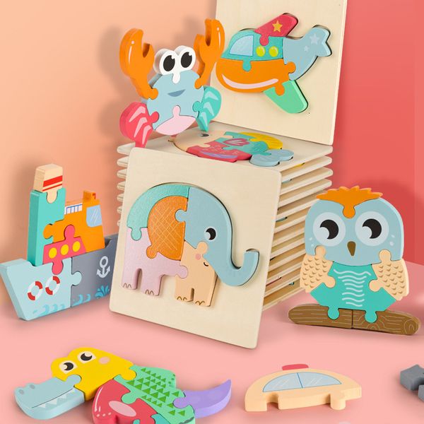10pcs Wholesale Baby Wooden Cartoon Animal 3D Jigsaw Puzzles Kindergarten Education Toy