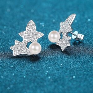 925 Sterling Silver Freshwater Pearl Floral Leaf Earrings with Flawless Moissanite Studs Popular Network Style Wholesale