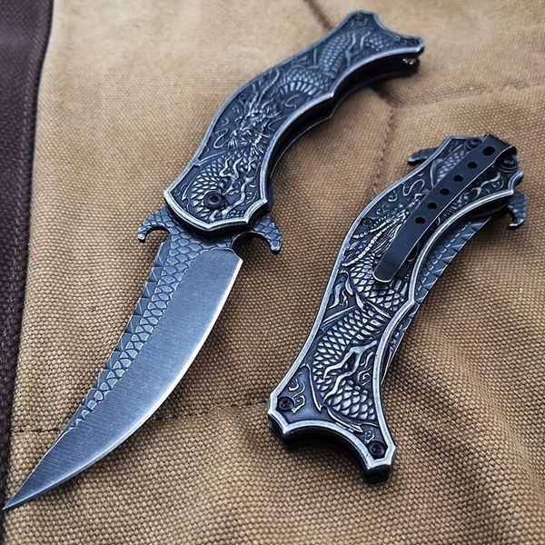 Fold Knife Dragon Engraved Collection 3D Stonewash Folding Knife Pocket Survival EDC Tools Outdoor Utility Knife Gift Knife for Man Woman
