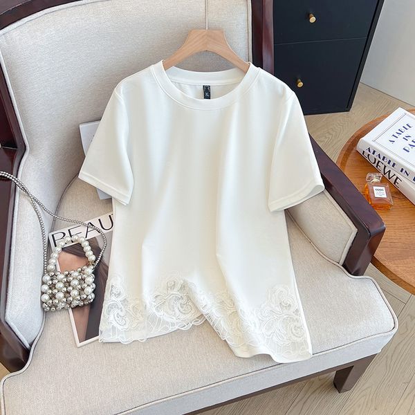 Plus size, beautiful hollowed out top with water-soluble lace splicing, summer T-shirt weighing 240 pounds, loose 3508