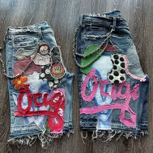 Y2K Retro Hip Hop Painted Patchwork Baggy Denim Fashion Street Gothic Punk Straight Jeans Shorts Men Women Trendy Jorts 240822