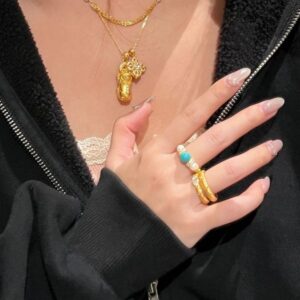 Fashion Trendy 18K Gold Plated Stackable Rings With Synthetic Turquoise And Pearls Open Finger Band Anti-rust Ins Fine Jewelry For Women