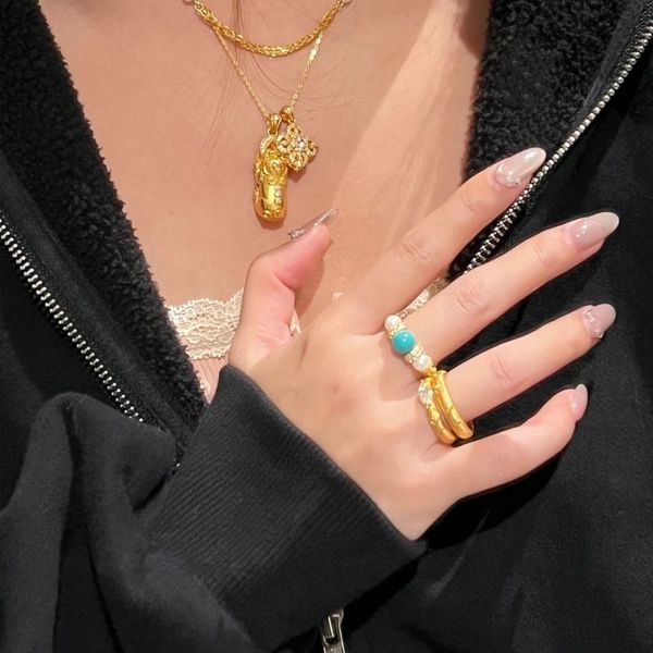 Fashion Trendy 18K Gold Plated Stackable Rings With Synthetic Turquoise And Pearls Open Finger Band Anti-rust Ins Fine Jewelry For Women