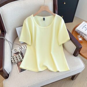 Plus size, shoulder length T-shirt short sleeved summer basic style light yellow black U-neck slimming versatile basic T3516