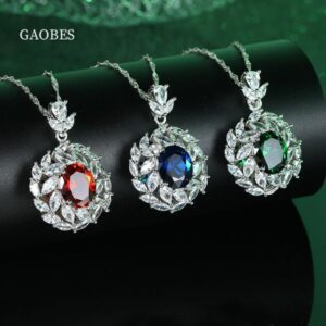 925 Sterling Silver Emerald and Sapphire Pendant Necklace with Full Diamond Inlay, High-End Adjustable Necklace for Women