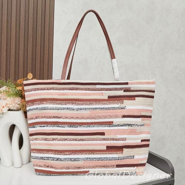 multicolored women handbag large capacity designer crochet tote bag luxury summer hand-woven leather handles embroidery letters high quality lady shopper purse 7A