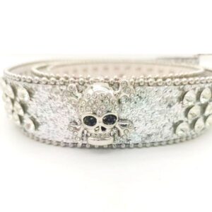 Glitter PU Leather Strap Belt Featuring Crystal Stone Skull Buckle & Diamond Accents