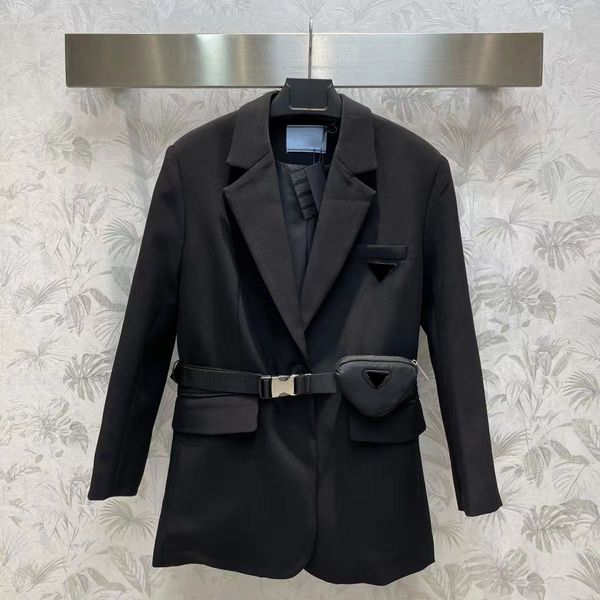 Designer Spring and Autumn Women's Medium to Long Coat Hoodie Classic Triangle Logo Waistband Slimming Pocket Design S-L