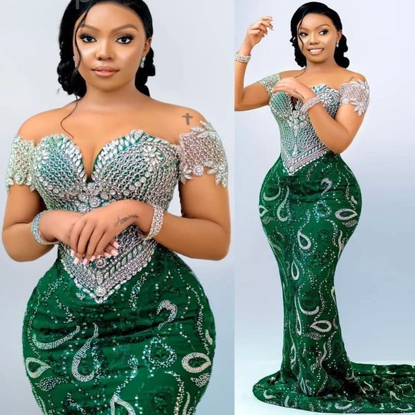 2024 Aso Ebi Green Mermaid Prom Dress Beaded Crystals Sequined Evening Formal Party Second Reception 50th Birthday Engagement Gowns Dresses Robe De Soiree ZJ145
