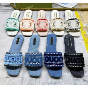 2024 G Script Slippers Denim Slides Women Sandal Designer Slipper Summer Cotton Print Flats Hollow Out Sandals Canvas Flat Heel Mules